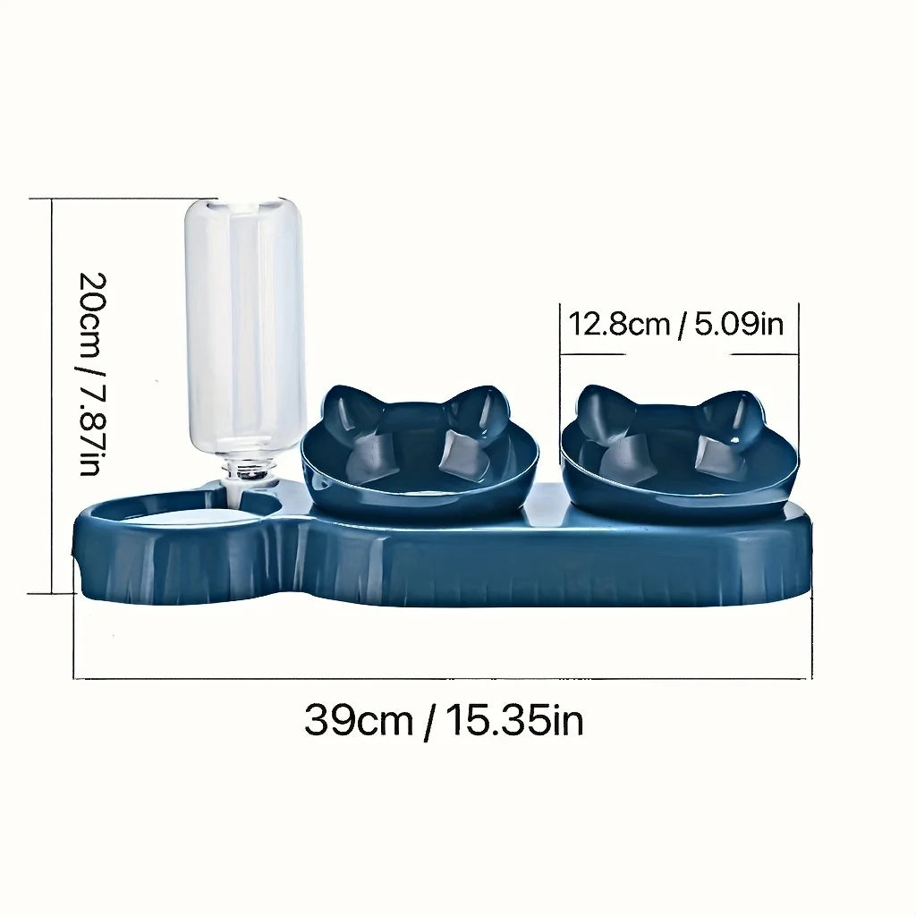 3-in-1 Tilted Cat Food & Water Bowl Set with Gravity Water Dispenser