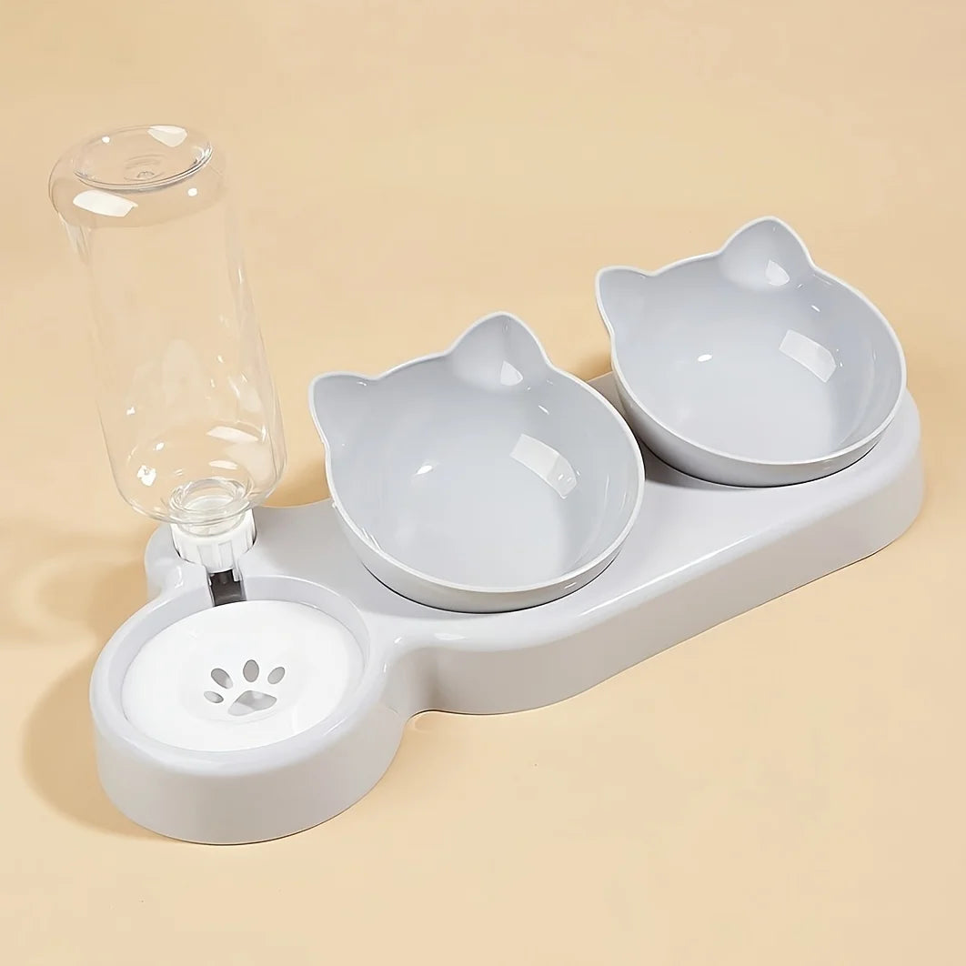 3-in-1 Tilted Cat Food & Water Bowl Set with Gravity Water Dispenser