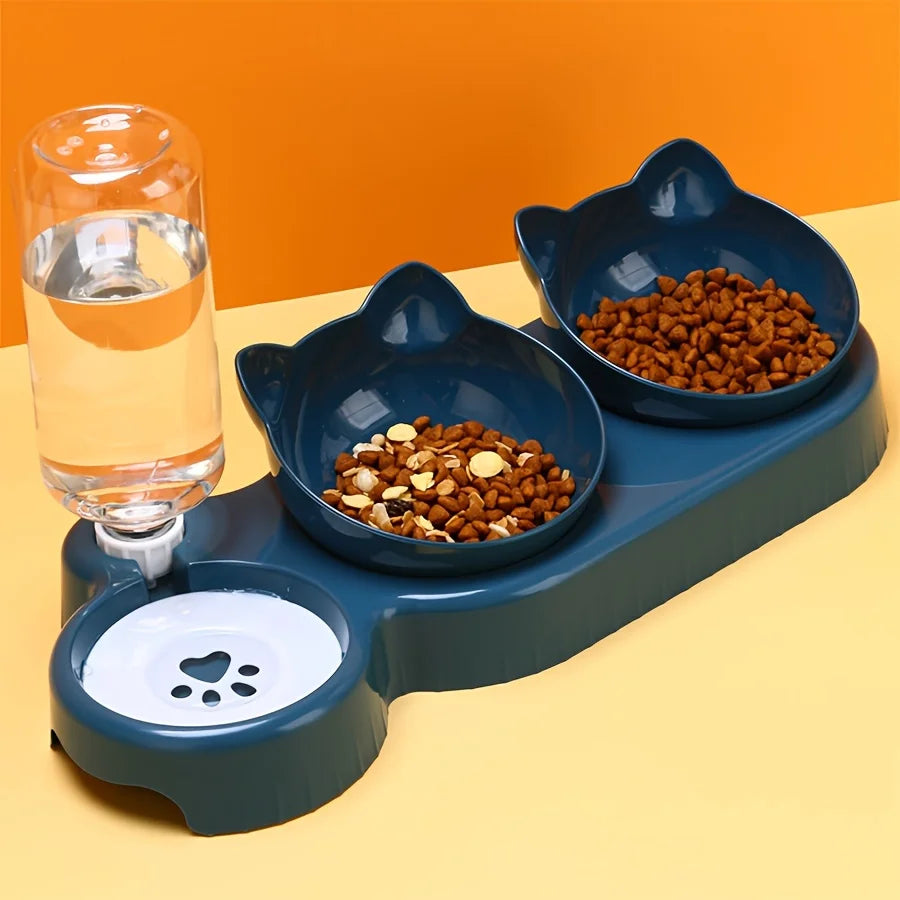 3-in-1 Tilted Cat Food & Water Bowl Set with Gravity Water Dispenser