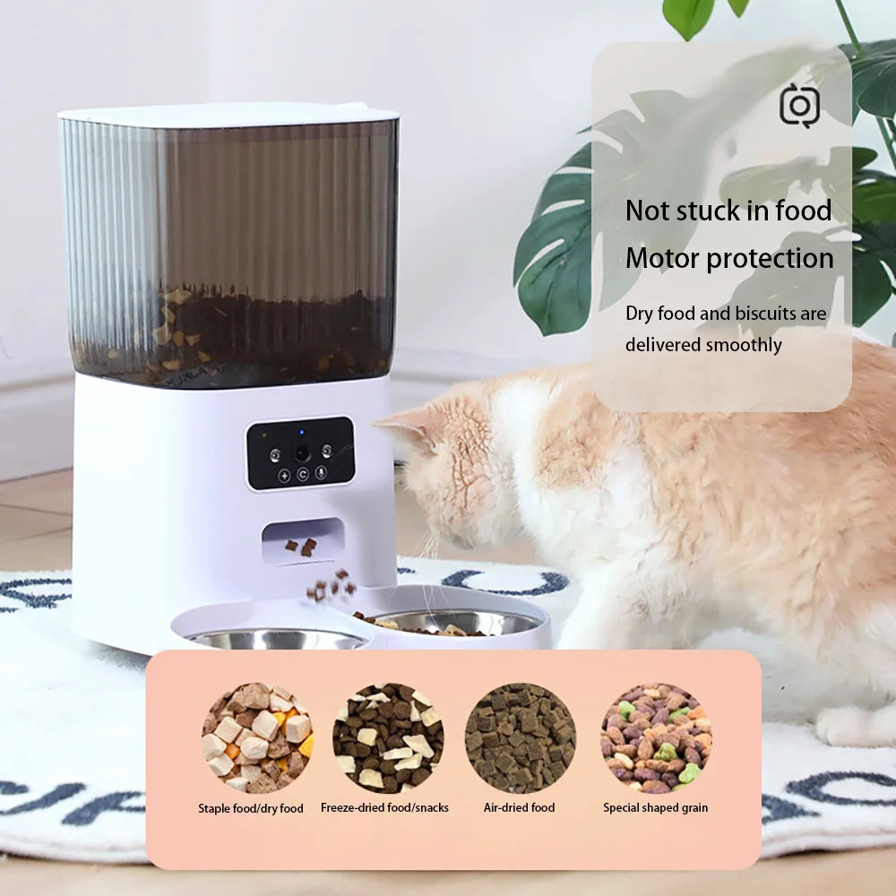 Smart Automatic Cat Feeder with Dual Steel Bowls & Wi-Fi Camera – 5L Hopper for Scheduled Feeds & HD Monitoring