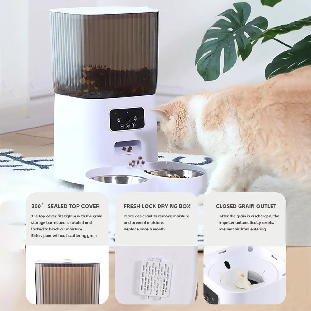 Smart Automatic Cat Feeder with Dual Steel Bowls & Wi-Fi Camera – 5L Hopper for Scheduled Feeds & HD Monitoring