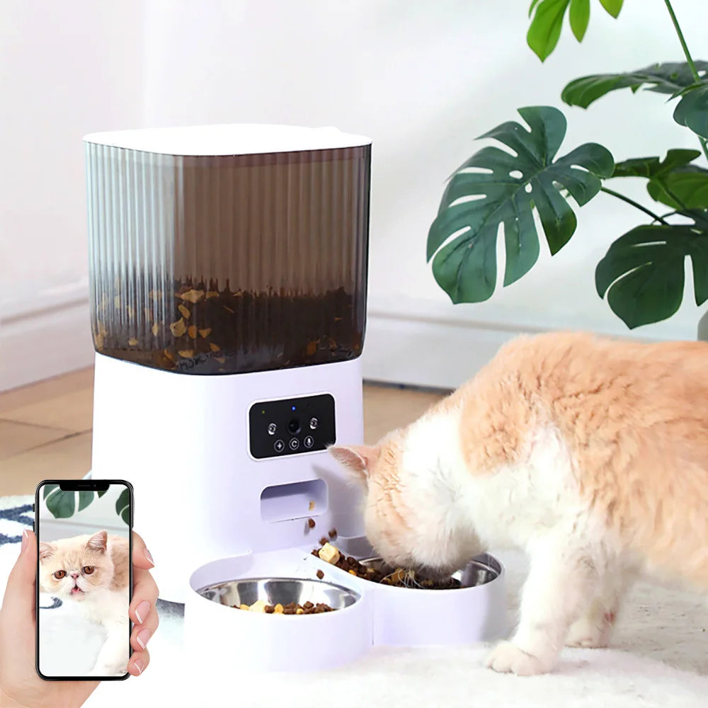 Smart Automatic Cat Feeder with Dual Steel Bowls & Wi-Fi Camera – 5L Hopper for Scheduled Feeds & HD Monitoring