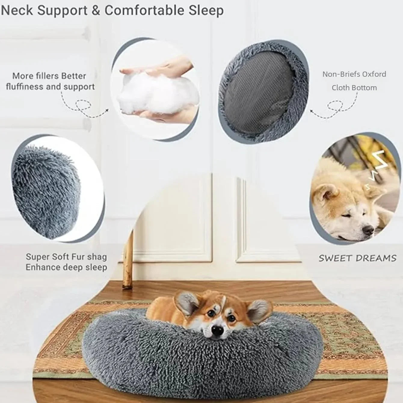 Round Plush Pet Bed (40–90cm) – Ultra-Soft Donut Bed for Cats & Medium to Large Dogs