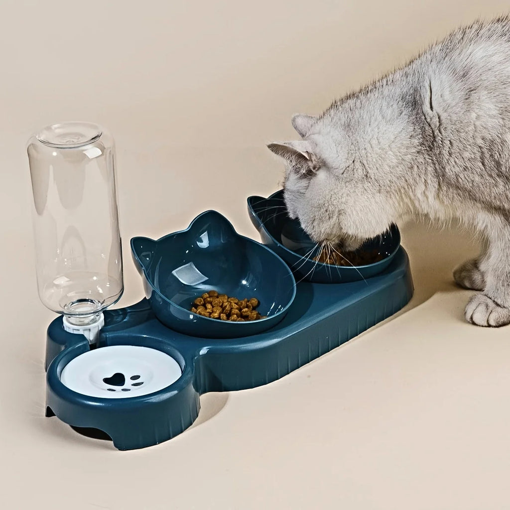 3-in-1 Tilted Cat Food & Water Bowl Set with Gravity Water Dispenser