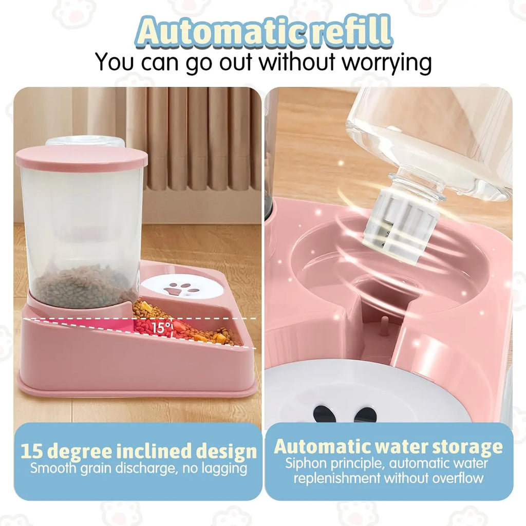 Automatic Cat Feeder Water Dispenser Set, 2 In 1 Tilted Automatic Pet Food Feeder