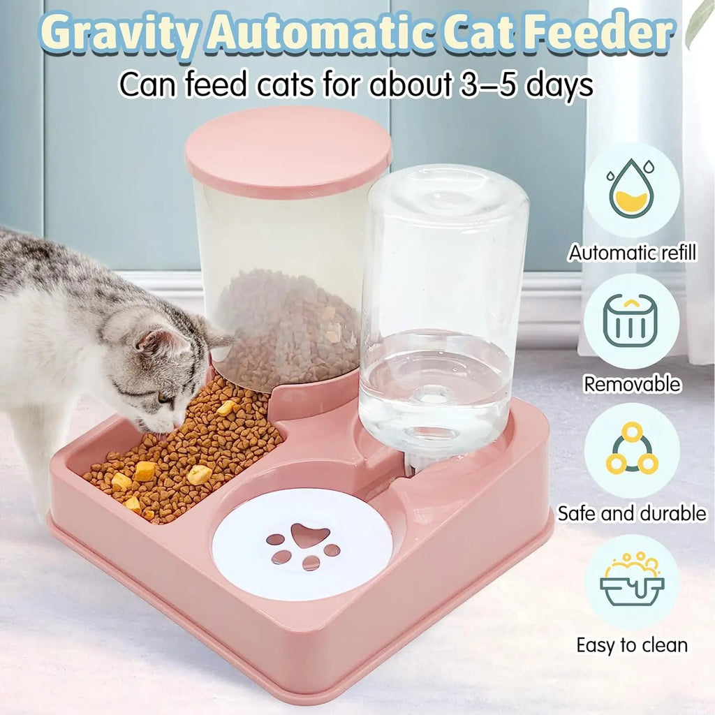 Automatic Cat Feeder Water Dispenser Set, 2 In 1 Tilted Automatic Pet Food Feeder